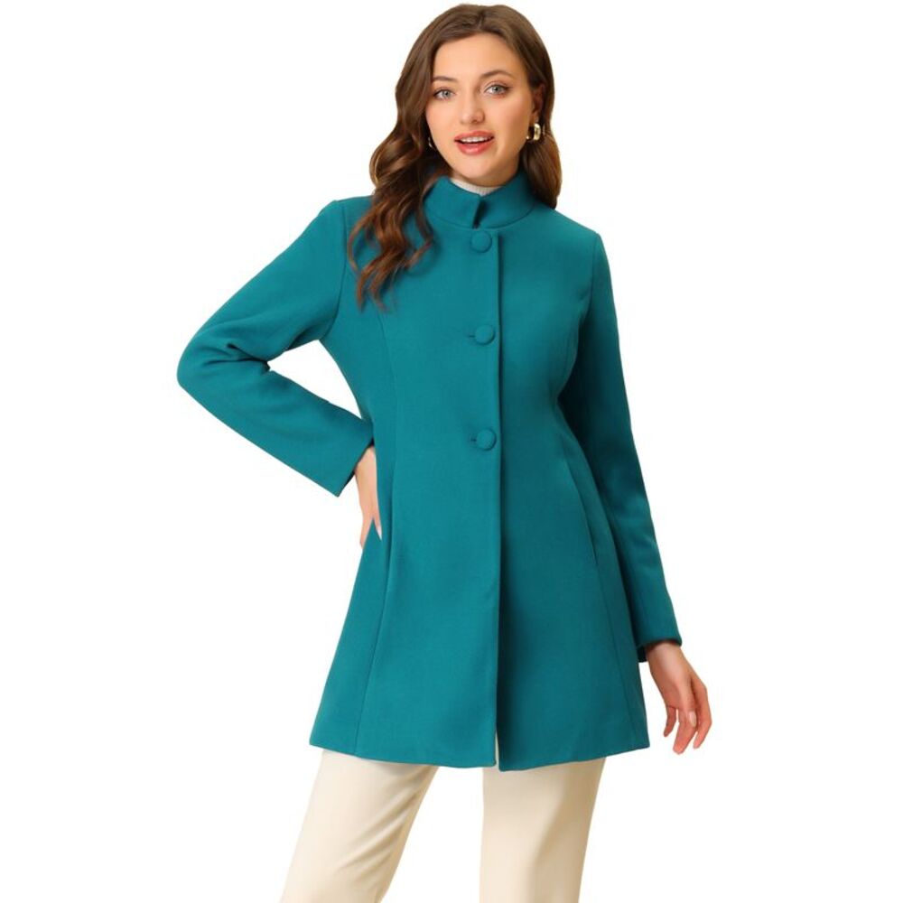 Winter Overcoat Mid-thigh Stand Collar Single Breasted Long Coat Lake Blue